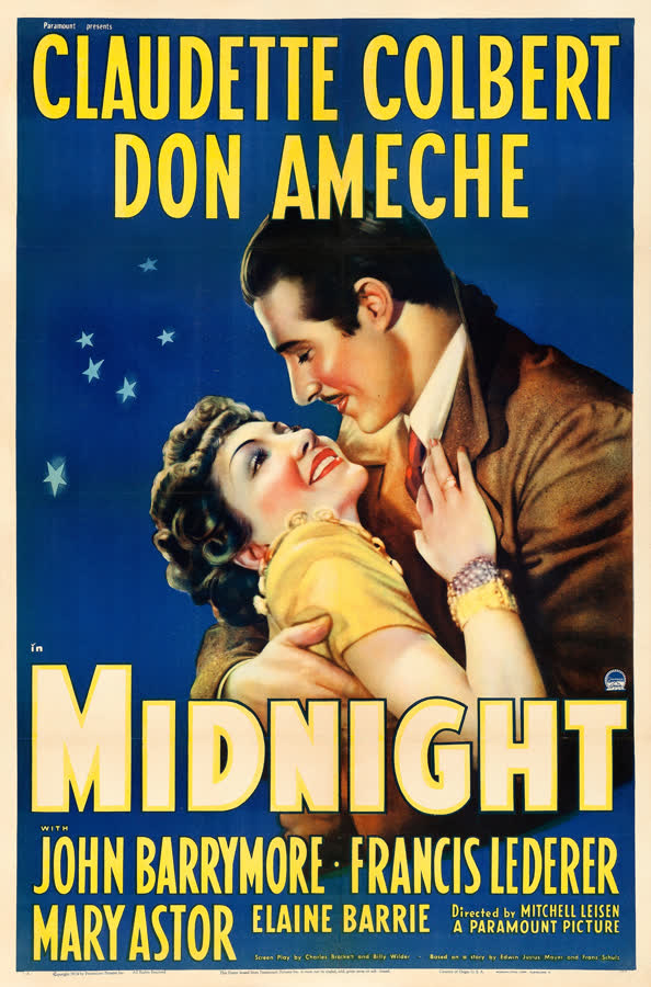 One-sheet poster for Midnight, 1939, with Claudette Colbert and Don Ameche.
